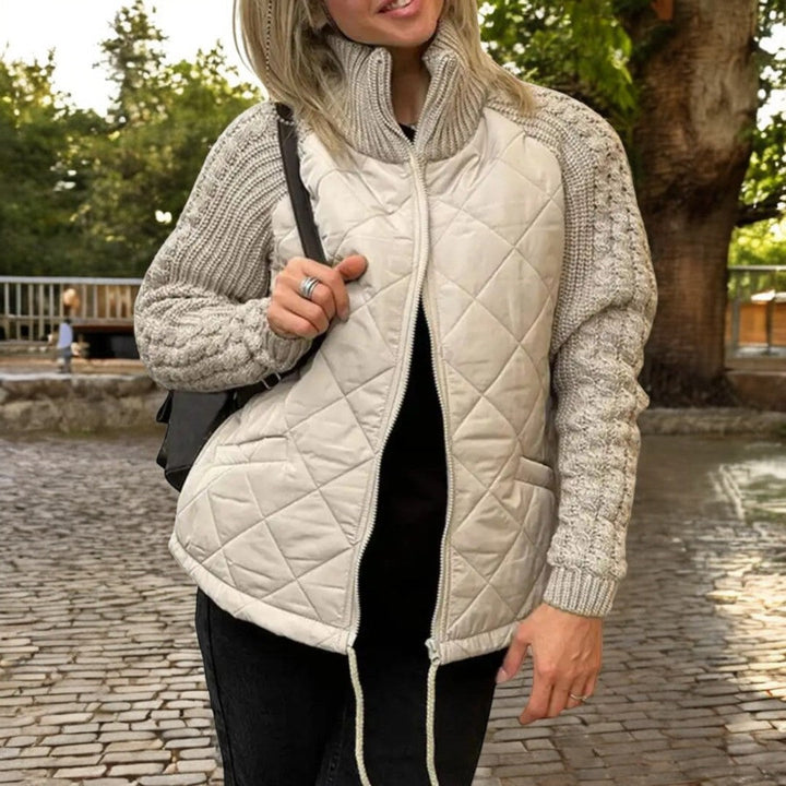 Padded Jacket with Knitted Sleeves and High Collar