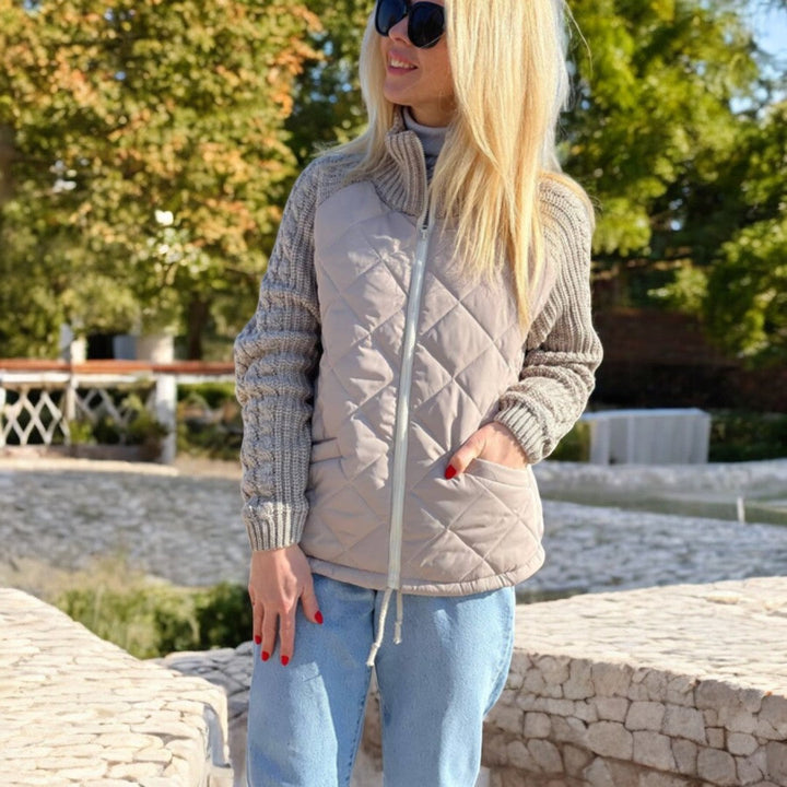 Padded Jacket with Knitted Sleeves and High Collar