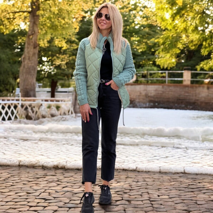 Padded Jacket with Knitted Sleeves and High Collar