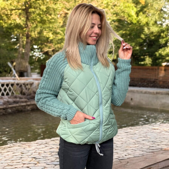 Padded Jacket with Knitted Sleeves and High Collar