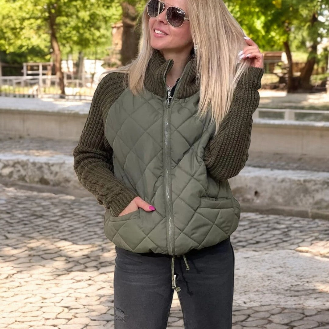 Padded Jacket with Knitted Sleeves and High Collar
